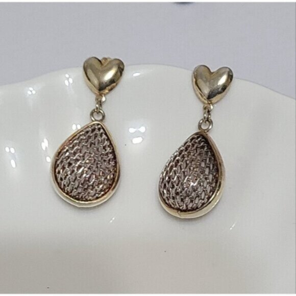 Vintage Sterling Silver Gold Plated Heart  Chunky Mesh Drop Dangle Earrings - Picture 3 of 9